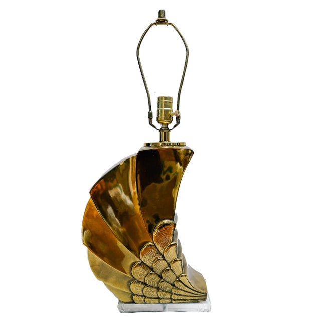 Mid-Century Brass Shell Table Lamps With Black Shades - Set of 2 For Sale - Image 4 of 12