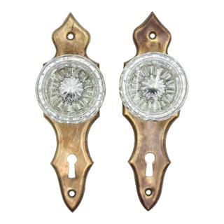 Vintage Art Deco Glass Brass Dummy Door Knob Set For Sale