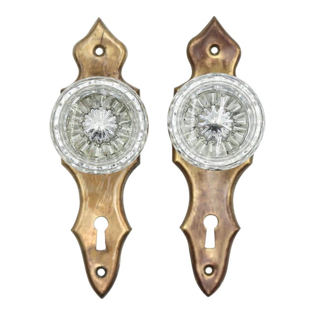 Vintage Art Deco Glass Brass Dummy Door Knob Set For Sale
