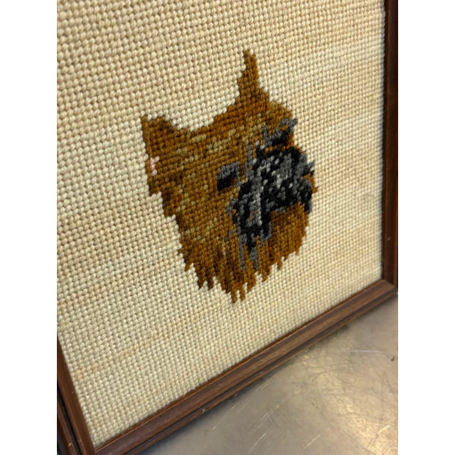 1960s-70s Brussels Griffon needlepoint dog art in frame. Excellent condition. Measures 9" x 9" including frame.