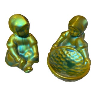 Vintage Zsolnay Hand Crafted Pottery Small Children Sitting & Holding Basket, Eosin Iridescent Green Glaze For Sale
