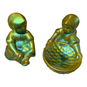 Vintage Zsolnay Hand Crafted Pottery Small Children Sitting & Holding Basket, Eosin Iridescent Green Glaze