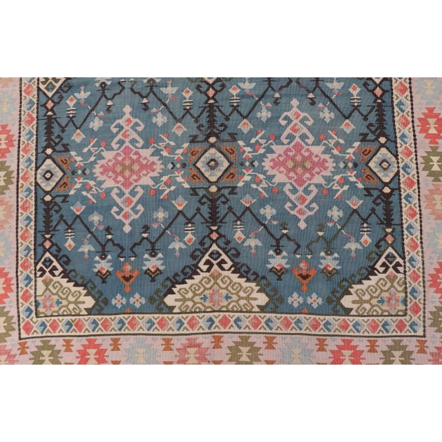 Tribal Vintage Turkish Kilim Rug in Blue, Coral, Ivory, and Olive 5'7 X 14'2 For Sale - Image 3 of 13