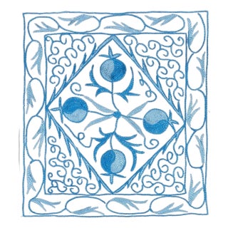 Suzani Cushion Cover, Uzbek Embroidery Lace Pillow in Cream & Light Blue 16"x18" For Sale