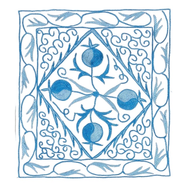 Suzani Cushion Cover, Uzbek Embroidery Lace Pillow in Cream & Light Blue 16"x18" For Sale