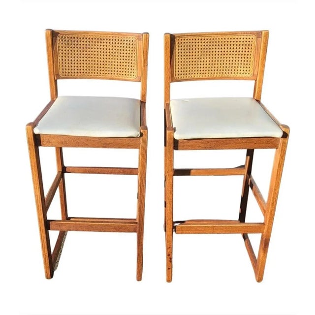 Set of 4 1970s Whitaker Furniture Oak With Cane Back and Leatherette Seat Bar Stools Chairish