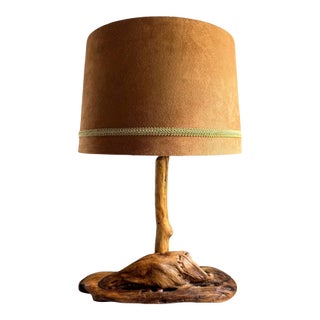 1960s Handcrafted Driftwood Table Lamp With Large Drum Shade For Sale