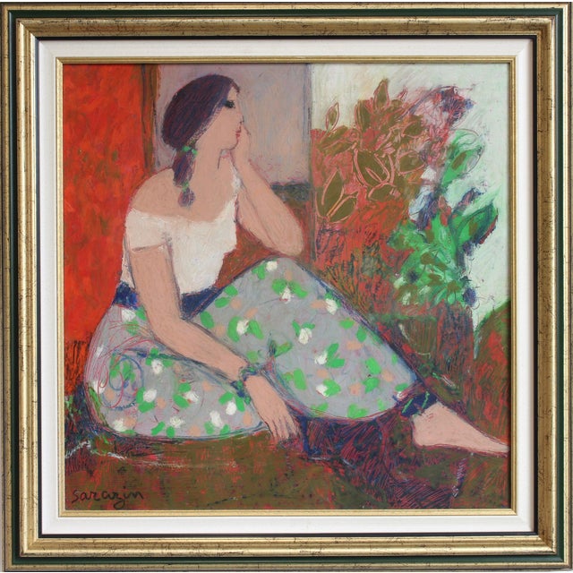 Michel Sarazin, Portrait of a Pensive Woman, 2000s, Oil Pastel on Board, Framed For Sale