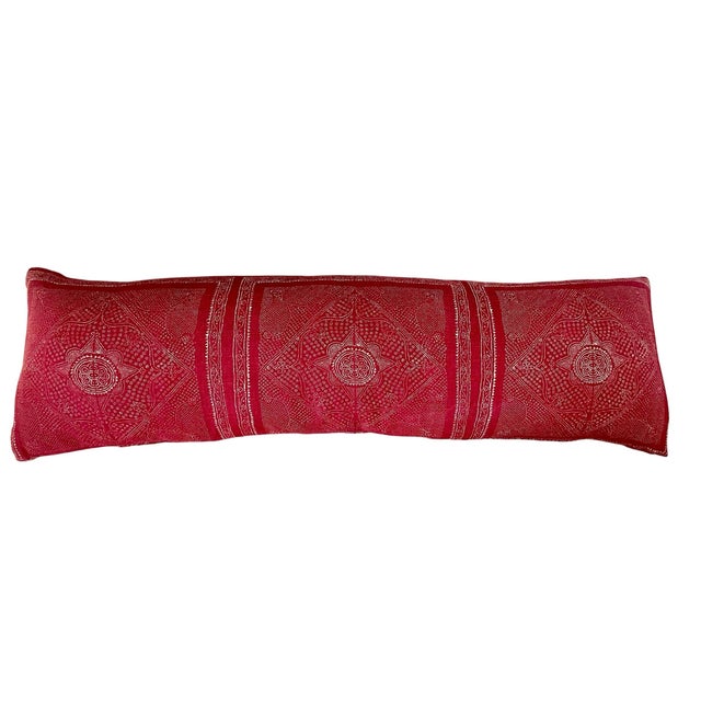 Tribal Custom 40 “ Red & White Linen Block Print Boho Linen Lumbar Pillow. Feather Down Insert For Sale - Image 3 of 5