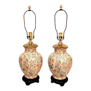 Late 20th Century Vintage Chinese Hand Painted Ceramic Famille Rose Table Lamps- Pair For Sale