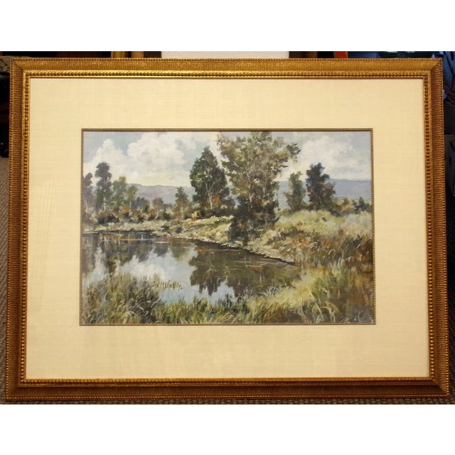 Lovely large framed original gouache painting of a summer pond on panel. It does not appear to be signed. The back has a...