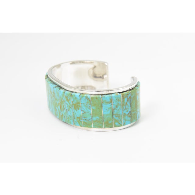 Contemporary Vintage Teme Southwestern Turquoise Channel Inlay Sterling Silver Cuff for a Man or Large Woman's Wrist For Sale - Image 3 of 11