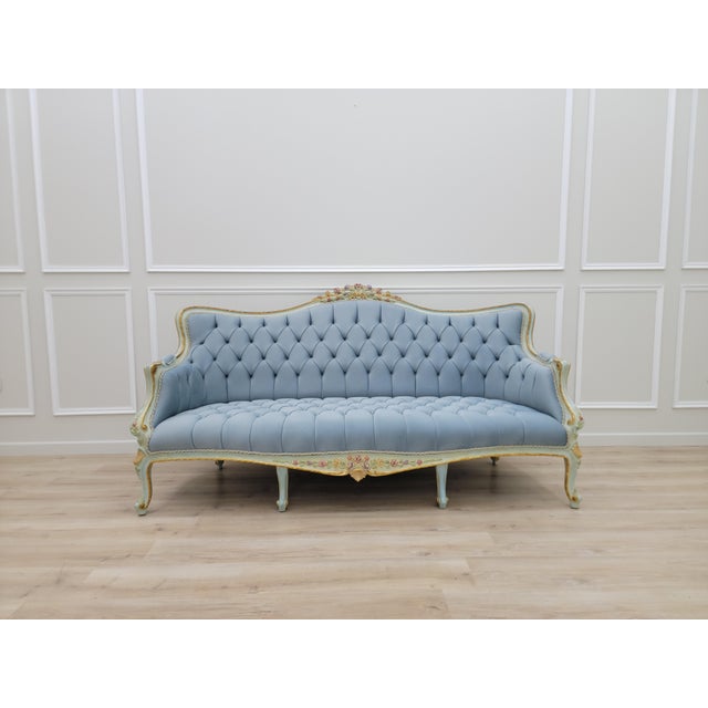 1970s Sky Blue Tufted French Provincial Sofa | Hand-Painted Floral Trim, Louis XV Style Settee For Sale - Image 4 of 12