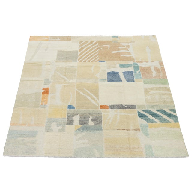 Contemporary Abstract Geometric Hand-Knotted Wool Rug in Soft Earth & Pastels For Sale - Image 9 of 12