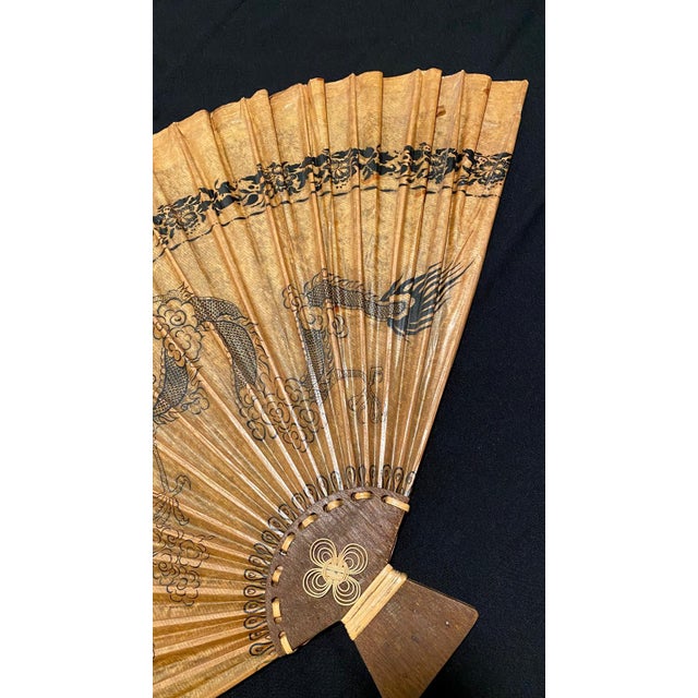 Large Pair Vintage Chinese Dragon Wall Fans 37"l X 23"h - Set of 2 Hand Painted Bamboo Fan | Oriental Decor For Sale - Image 12 of 17