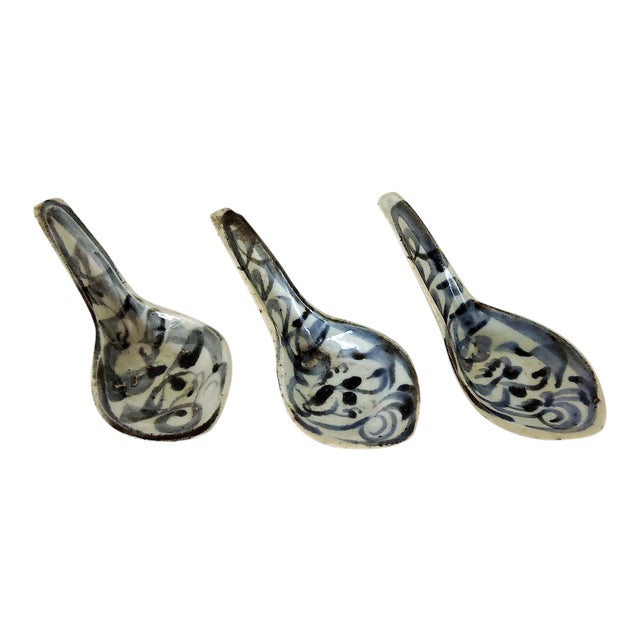 Antique Ming Dynasty Chinese Blue & White Ceramic Rice Spoons Set of