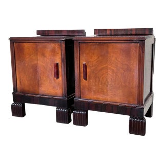 Art Deco Walnut Slab Side Cabinets or Nightstands With Carved Base, 1930s For Sale