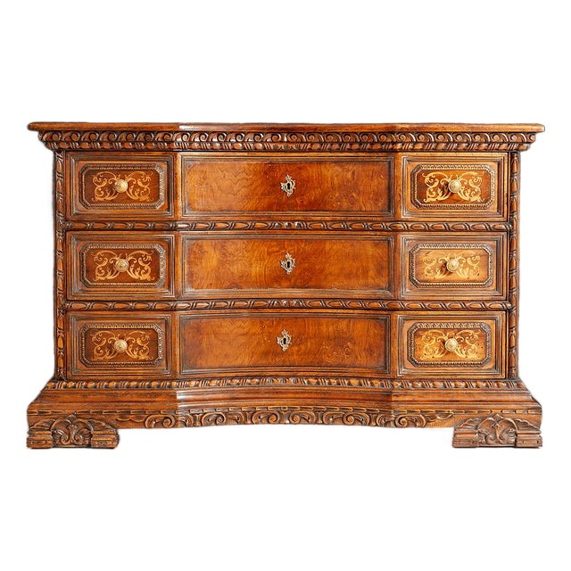 Italian Walnut Marquetry Serpentine Chest of Drawers For Sale