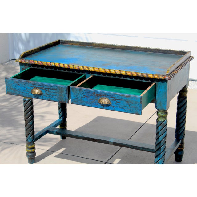 Late 20th Century Spanish Revival Console Table | Hand-Painted Distressed Blue Accent Table | Barley Twist Legs | Two Drawer Sofa Table For Sale - Image 4 of 16