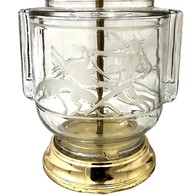 Pair of Art Deco-Inspired Clear Glass and Brass Lamps With Shades For Sale - Image 4 of 12