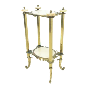 Victorian Style Brass Oval Onyx Marble Turned Finials Lamp Side Table Stand MINT