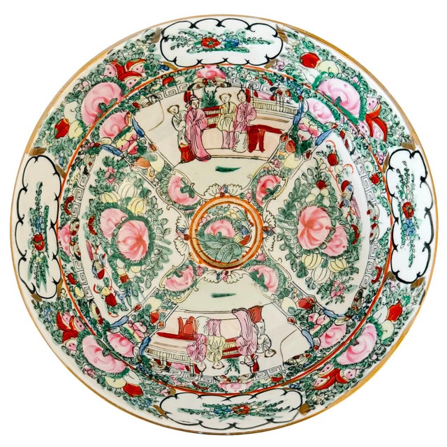 Chinoiserie 1970s Chinese Rose Medallion Hand-Painted Porcelain Punch Bowl With Carved Wood Stand For Sale - Image 3 of 13