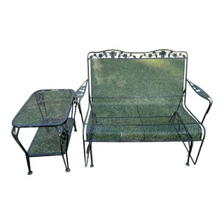 Vintage Meadowcraft Wrought Iron Patio Glider and Side Table - a Pair For Sale