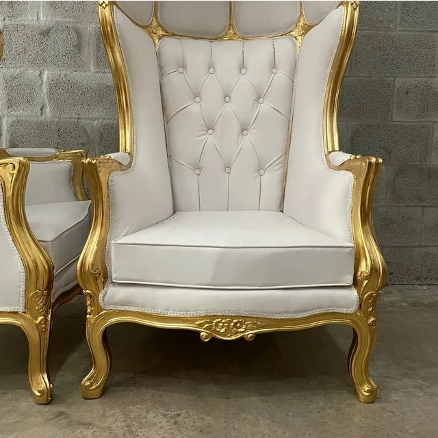 French HighBack Chair Gold Leaf Balloon Chair in White Leather Chairish