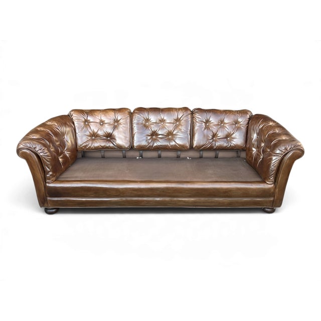 Vintage Chesterfield-Style Cognac Brown Leather Sofa With Button Tufting and Rolled Arms For Sale - Image 13 of 14