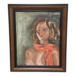 Impressionist Portrait of a Lady With Red Scarf, Signed For Sale