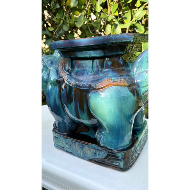 Vintage blue green glazed terracotta foo dog garden stool featuring a sculptural guardian lion form and richly variegated...