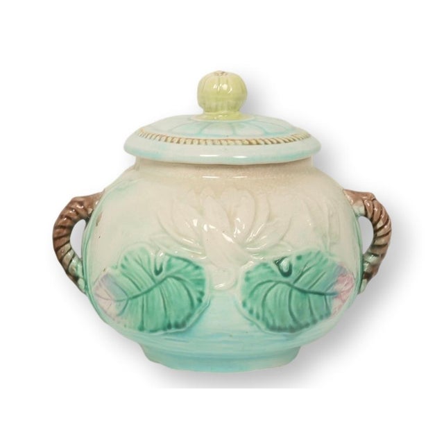 Victorian Victorian English Majolica Pond Lily Sugar Bowl For Sale - Image 3 of 6