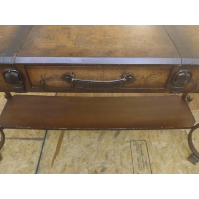 Wood World Map Suitcase Console Table Leather Straps & Buckles, Wrought Iron Base For Sale - Image 7 of 9
