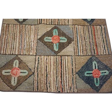 Inspirational Beige Color With Geometric Design Antique American Hooked Rug For Sale - Image 10 of 12
