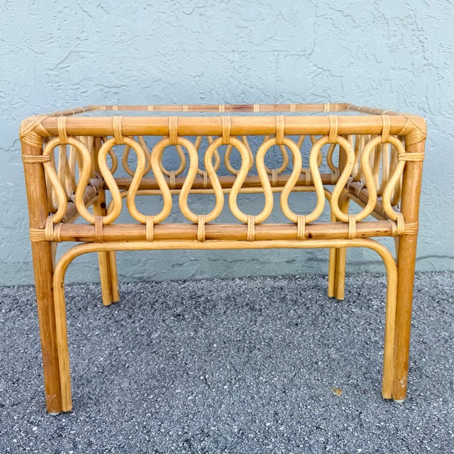 Boho Chic Boho Chic Serpentine Rattan Glass Top Side Table For Sale - Image 3 of 6