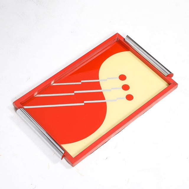 Art Deco Eglomise Graphic Geometric Detailed Tray in Vermillion Red & Yellow For Sale - Image 16 of 17