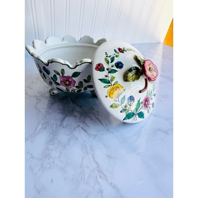 Rustic European Hand Painted Vintage Italian Lidded Dish With Flowers For Sale - Image 3 of 11
