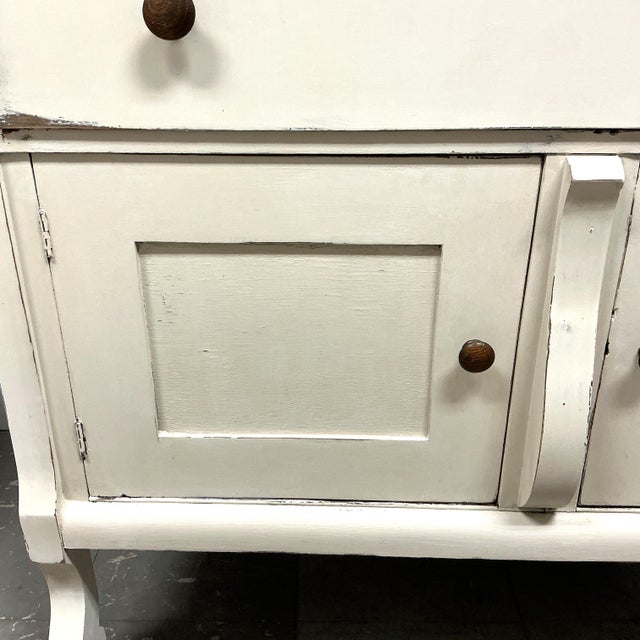 Vintage Petite Sideboard Buffet W Mirror Oak Wood Painted Canvas White Farmhouse For Sale - Image 10 of 11