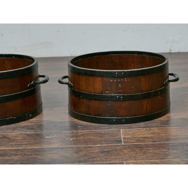 Wood Pair of Antique English Bushel Measures with Iron Bands, Rustic Decor For Sale - Image 7 of 11
