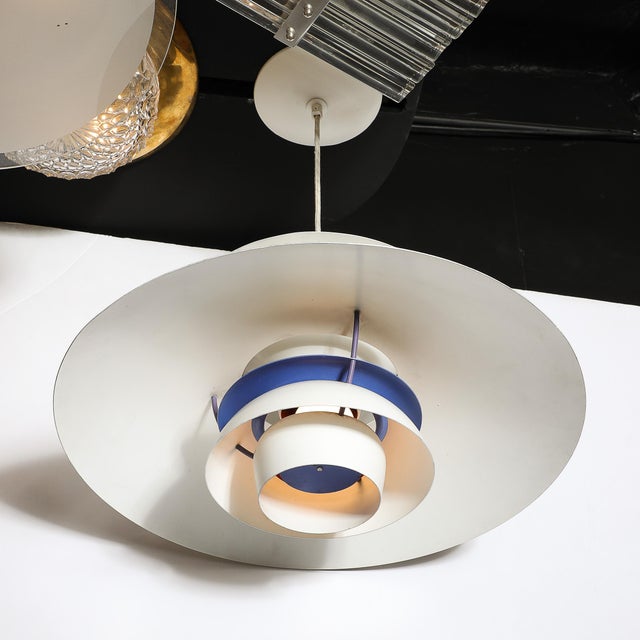 Mid-Century Modern Mid-Century Ph5 Pendant White & Blue Enamel Chandelier by Poul Henningsen For Sale - Image 3 of 12