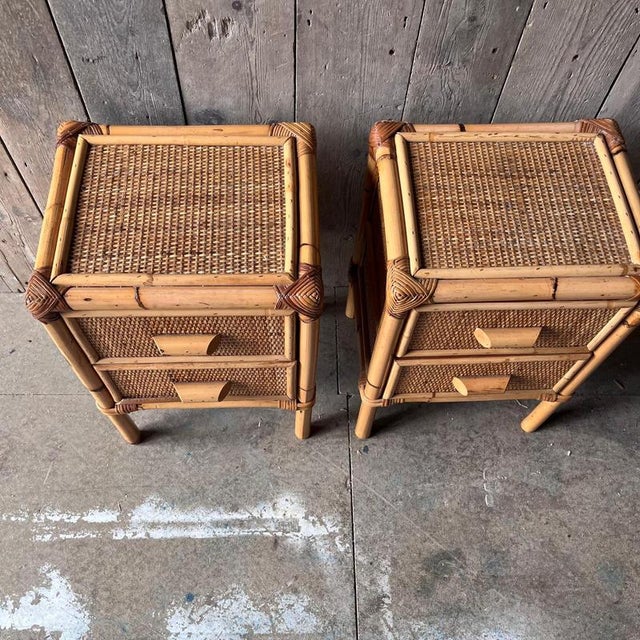 Brown Bamboo and Cane Nightstands with Drawers, Set of 2 For Sale - Image 8 of 11