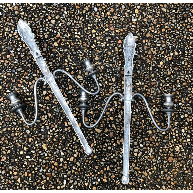 Art Deco Mid 20th Century Cast Metal Two Arm Torchiere Flame Torch Candle Wall Sconces - a Pair For Sale - Image 3 of 7