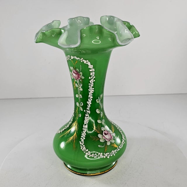 Vintage Fenton Art Glass Vase Charleton Awco Green Overlay Roses Hand Painted For Sale In Tulsa - Image 6 of 11