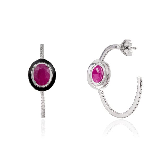 Art Deco 14k White Gold 3.19ct Ruby, Diamond & Black Enamel Hoop Earrings- A Pair For Sale - Image 9 of 16