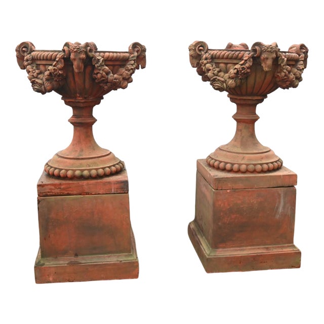 English Country Terracotta Garden Urns with Rams Heads, Set of 2 For Sale