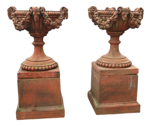 English Country Terracotta Garden Urns with Rams Heads, Set of 2