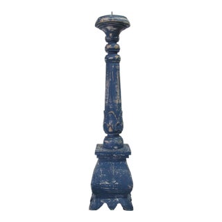 Mid 20th Century Rustic Carved Wood Cornflower Blue Chippy Paint Tall Candle Holder For Sale
