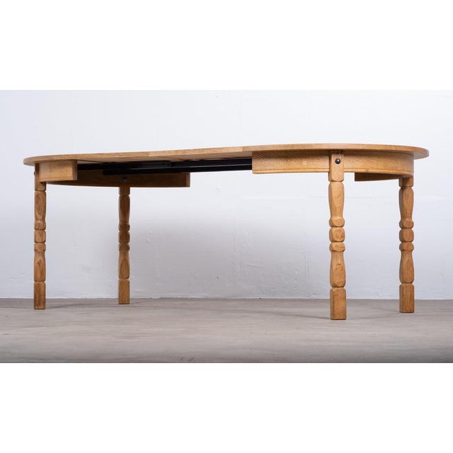 Brown Vintage Brutalist Round Oak Dining Table with Extensions by Henning Kjærnulf, 1960s For Sale - Image 8 of 11