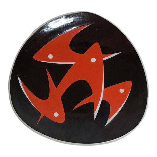 1970s János Török for Zsolnay Hand Painted Ceramic Art Black and Red Fish Plate, Hungarian Artist For Sale
