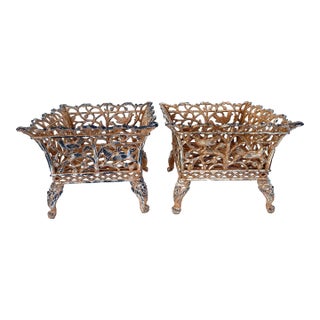 Pair of Vintage Iron Planters with Birds & Lion Faces For Sale